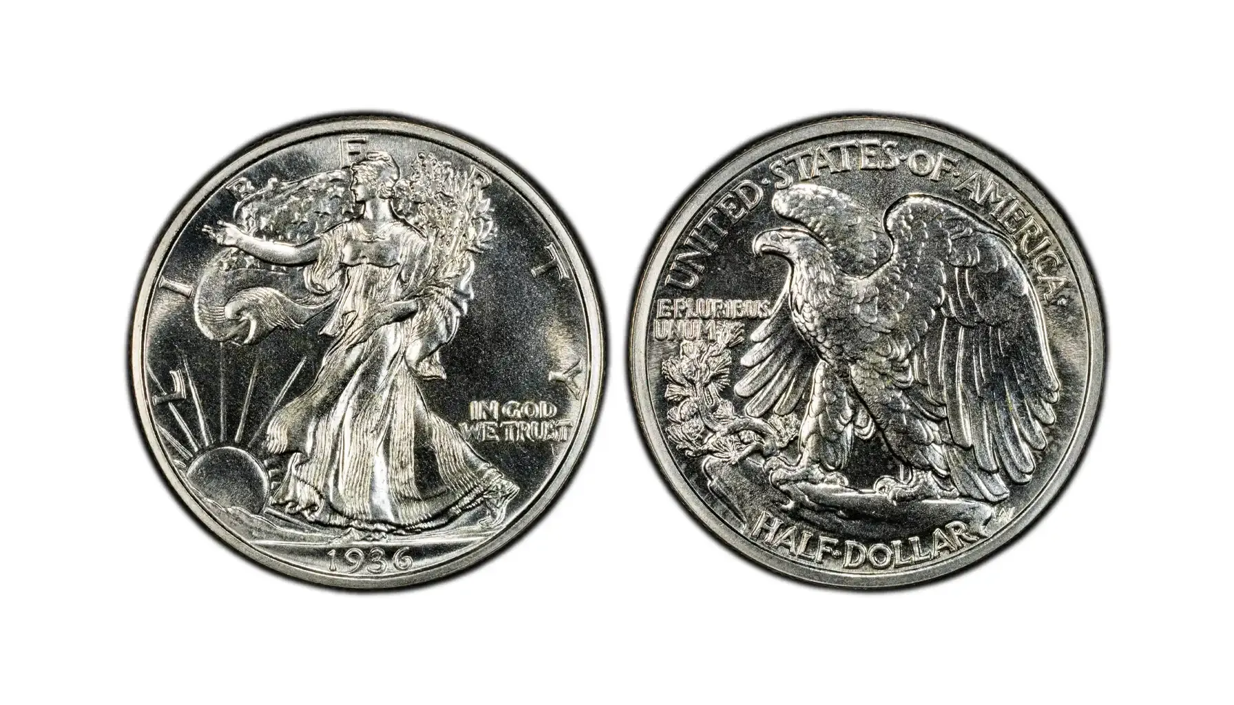 1936 Proof Walking Liberty Half Dollar close-up showing mirror fields and frosted devices