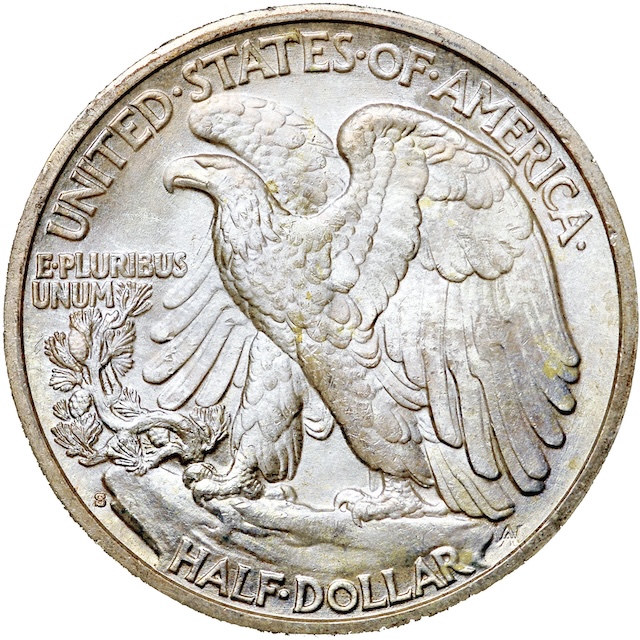 1936-S Walking Liberty Half Dollar reverse showing S mint mark below pine branch in gem condition
