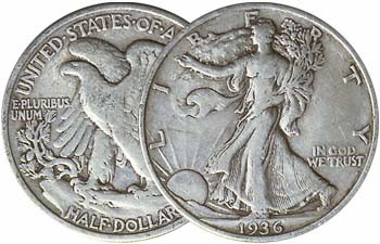 Group of 1936 Walking Liberty Half Dollars showing Philadelphia, Denver, San Francisco and Proof examples