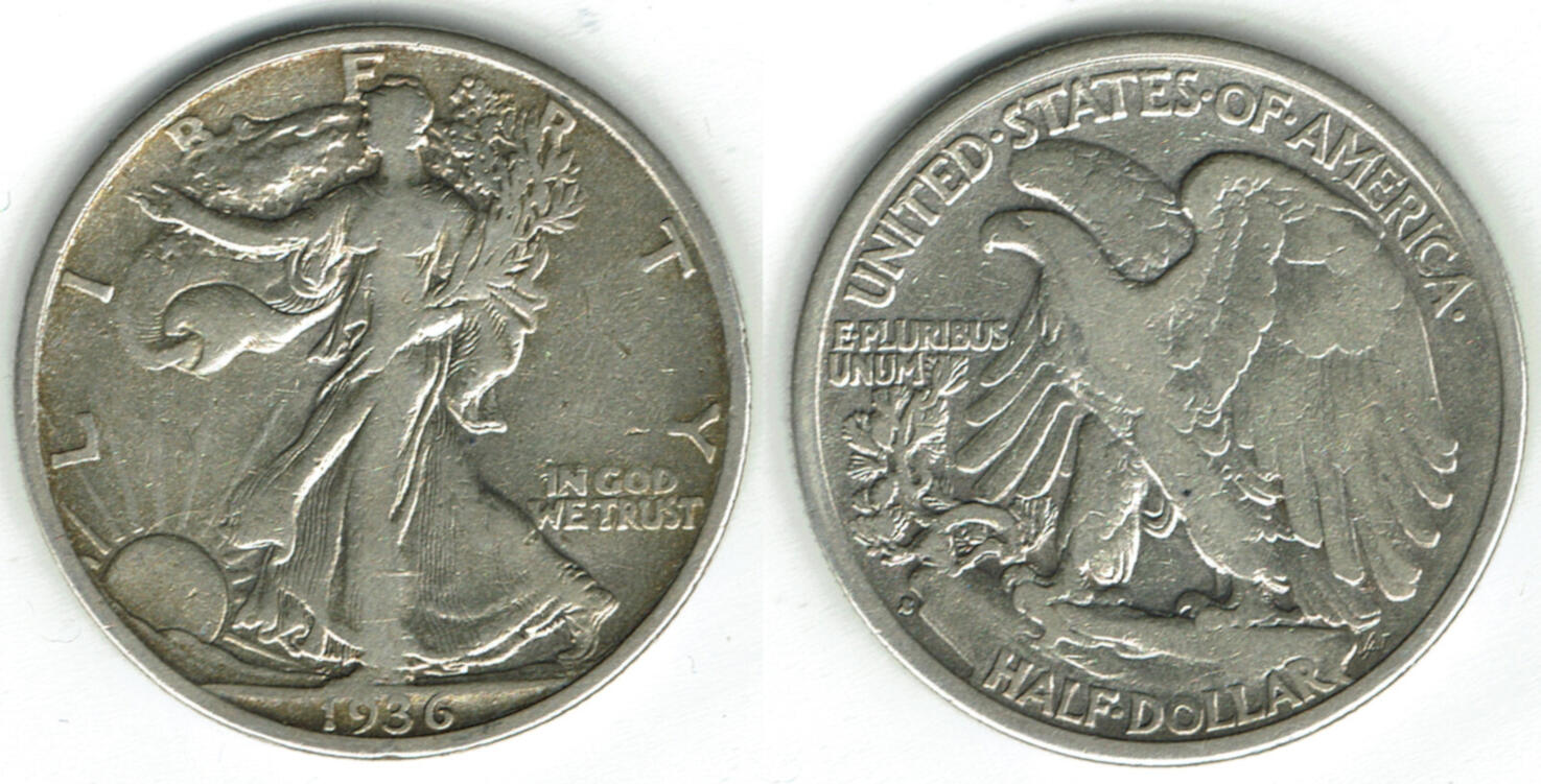 1936 Walking Liberty Half Dollar grading strip showing G4 VF20 AU50 and MS65 condition comparison